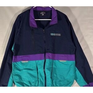 Vtg Starbus Blue Nylon Black Color Block Windbreaker Streetwear TRACK Jacket M